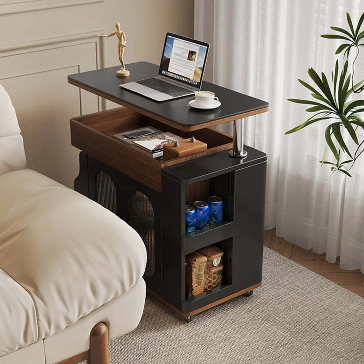 Rectangular Swivel Cream Wood Adjustable End Table