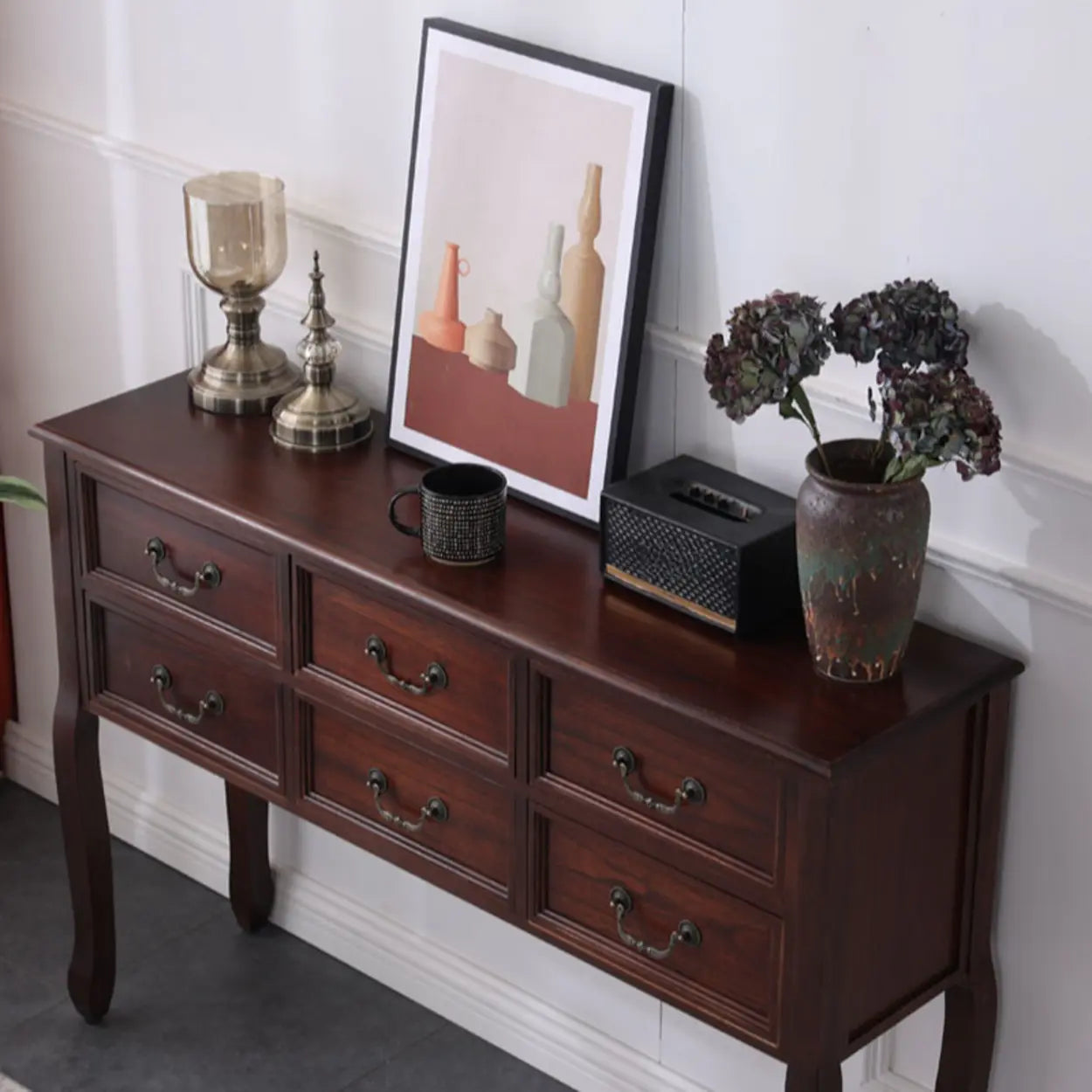 Rectangular Dark Walnut Timber Console Table with Drawers