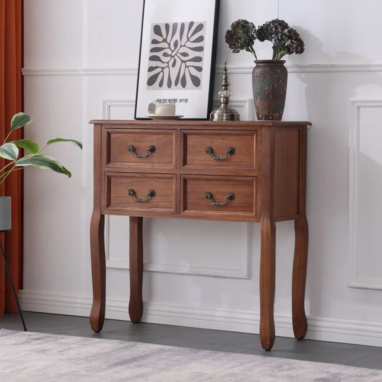 Rectangular Dark Walnut Timber Console Table with Drawers