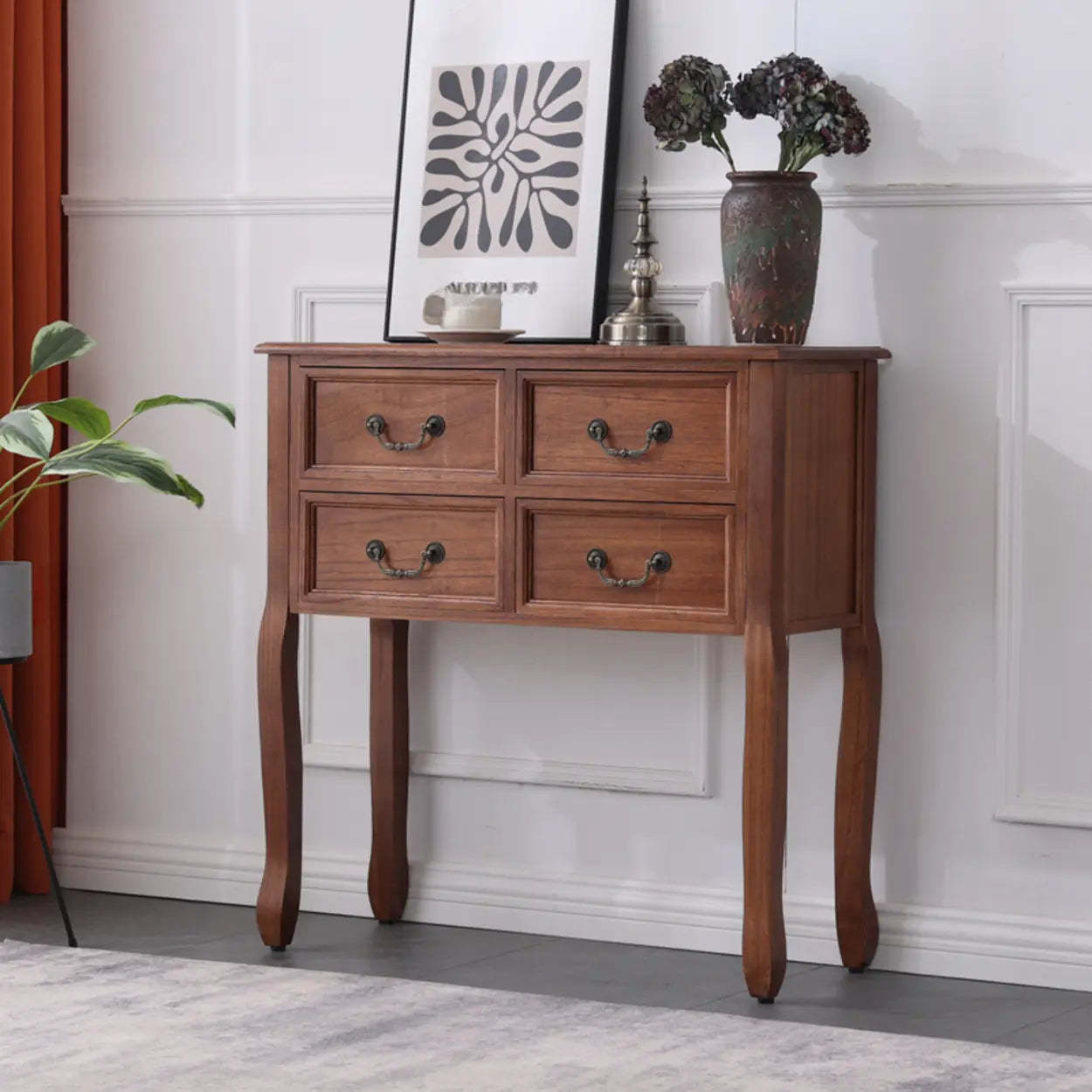 Rectangular Dark Walnut Timber Console Table with Drawers