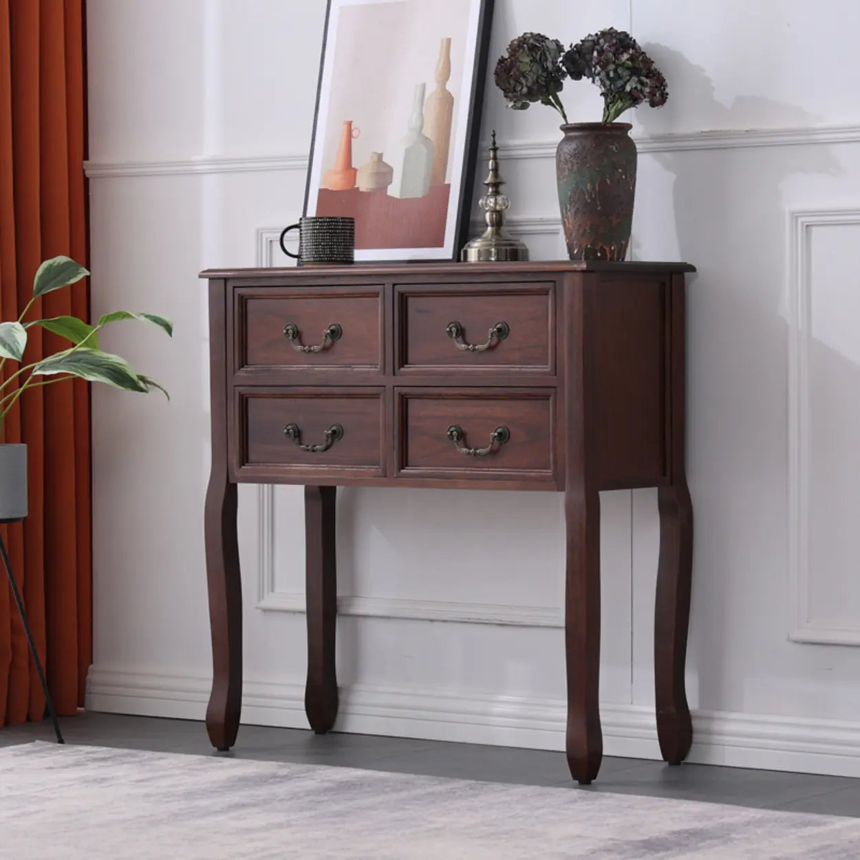 Rectangular Dark Walnut Timber Console Table with Drawers — Ivory
