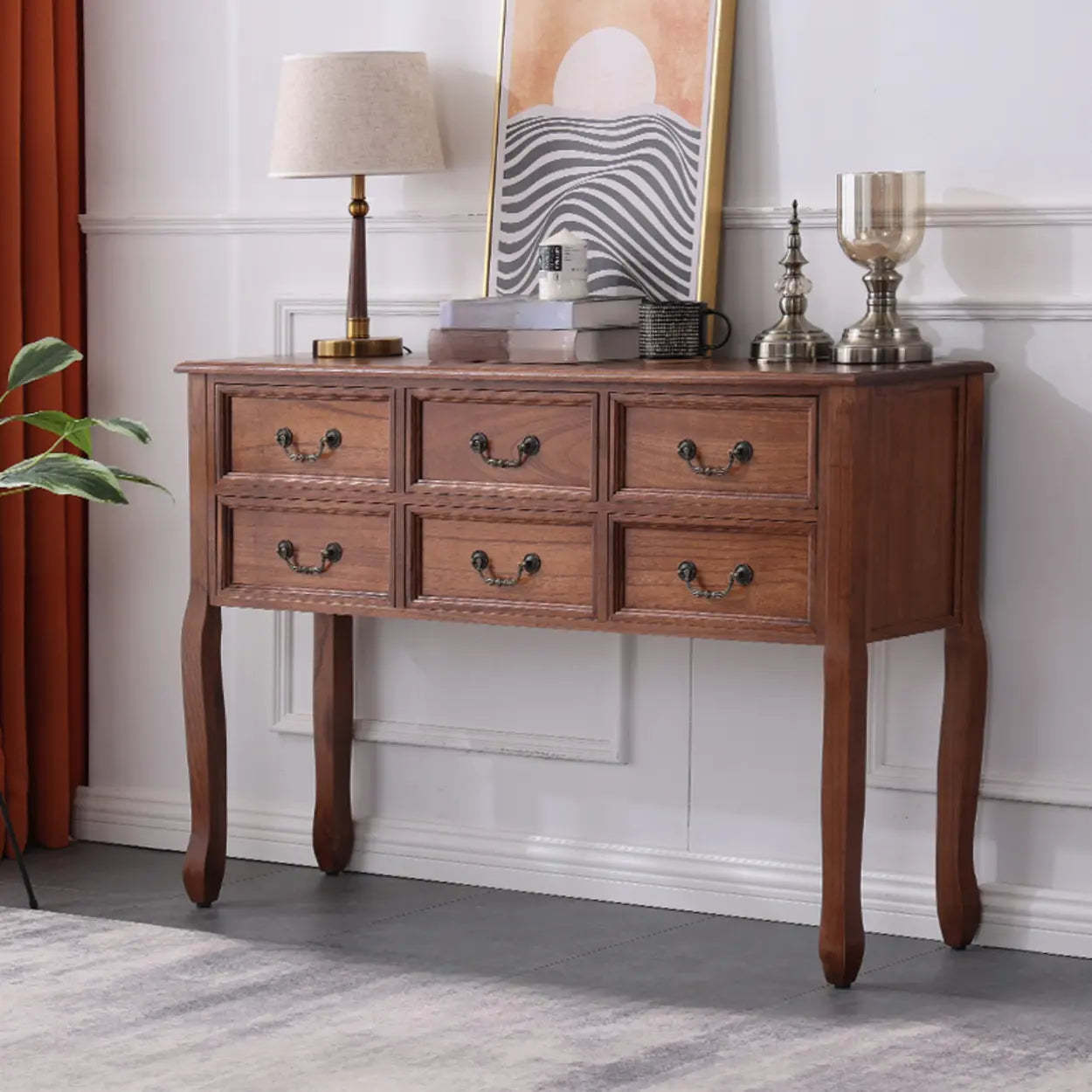 Rectangular Dark Walnut Timber Console Table with Drawers — Dark Walnut