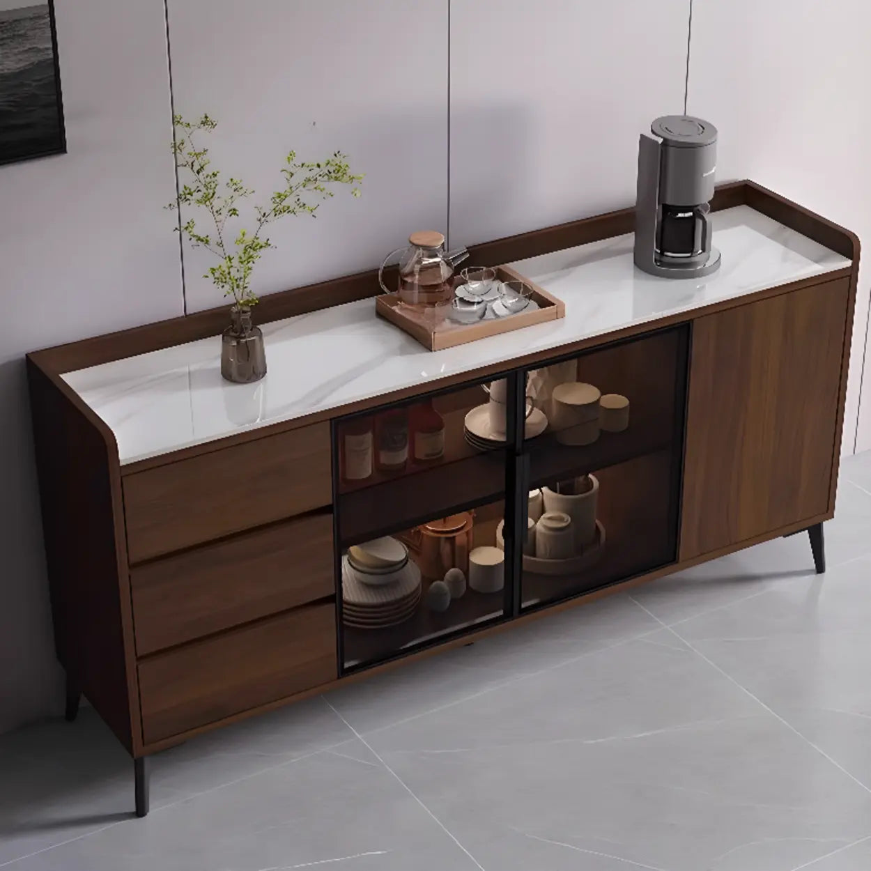 Rectangular Walnut Faux Marble Large Sideboard