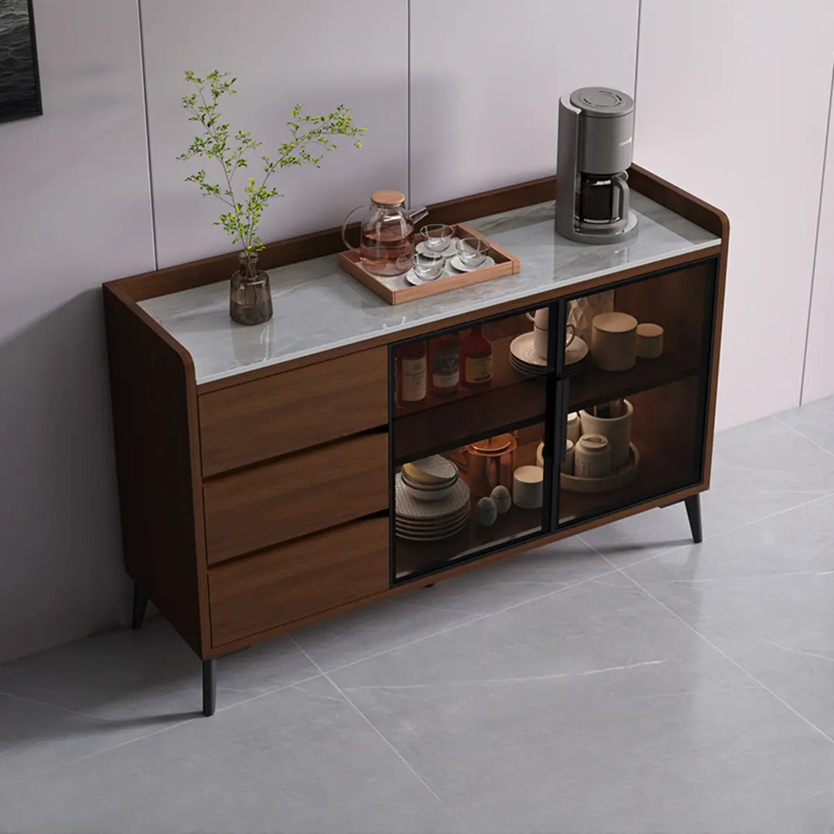 Rectangular Walnut Faux Marble Large Sideboard — Walnut/ White