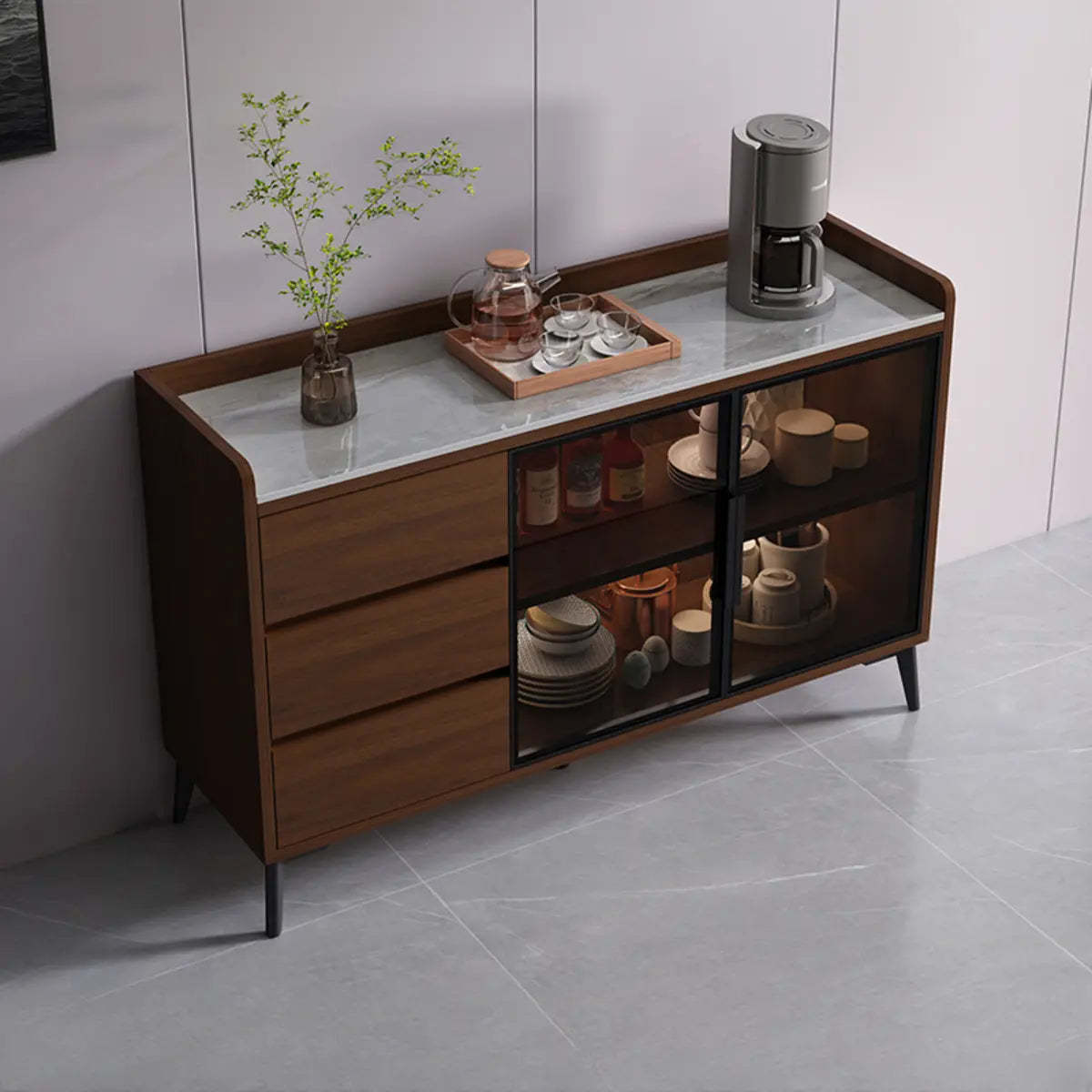Rectangular Walnut Faux Marble Large Sideboard — Walnut/ White