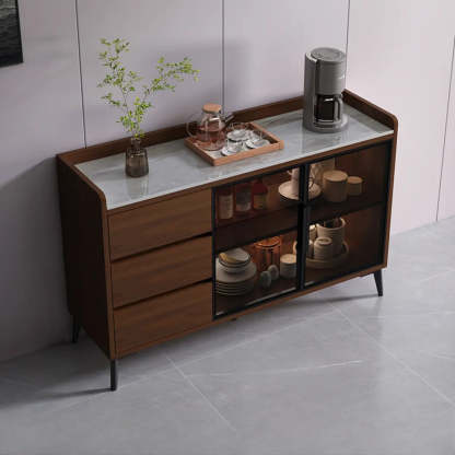 Rectangular Walnut Faux Marble Large Sideboard — Walnut/ White