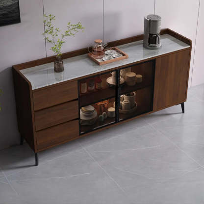 Rectangular Walnut Faux Marble Large Sideboard — Khaki/ Gray