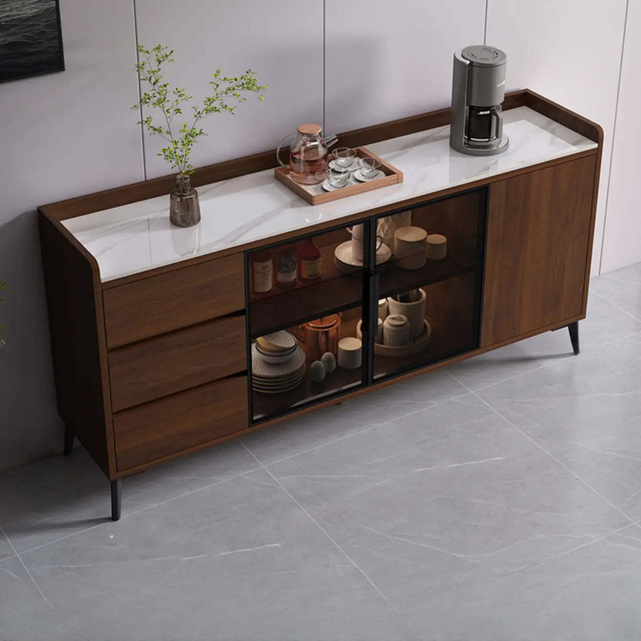 Rectangular Walnut Faux Marble Large Sideboard — Khaki/ White