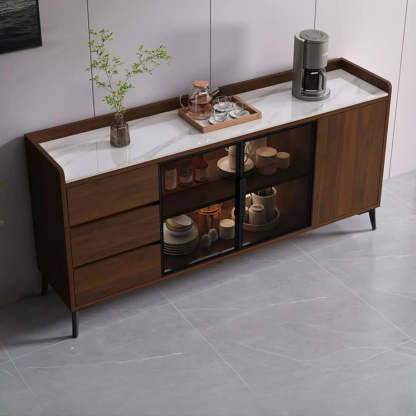 Rectangular Walnut Faux Marble Large Sideboard — Khaki/ White