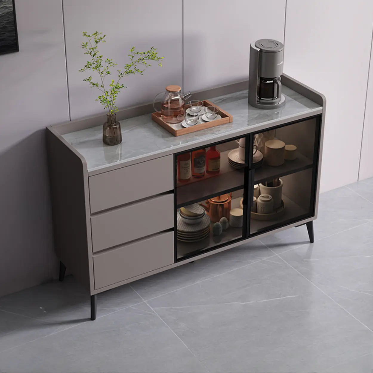 Rectangular Walnut Faux Marble Large Sideboard — Khaki/ White