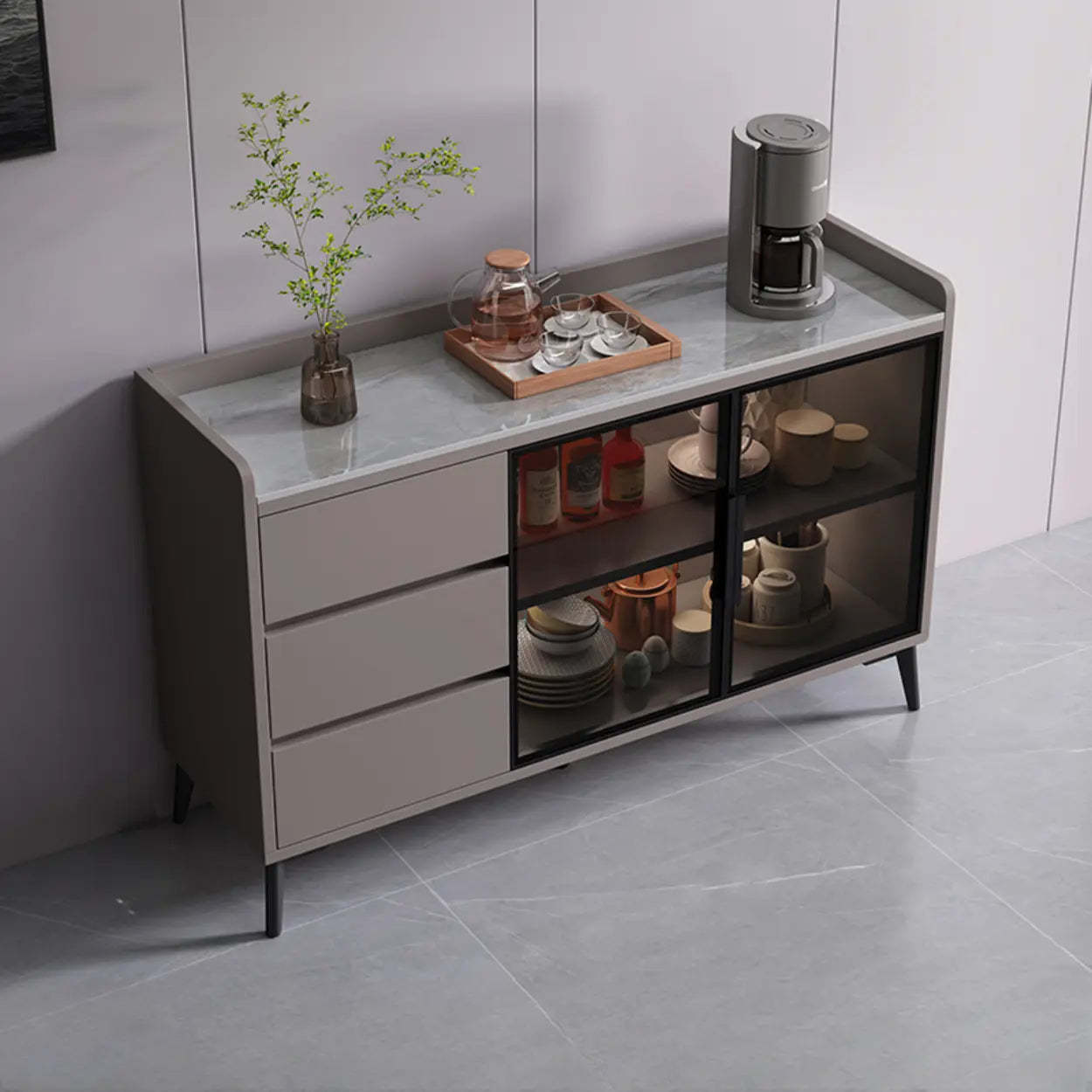 Rectangular Walnut Faux Marble Large Sideboard — Khaki/ White