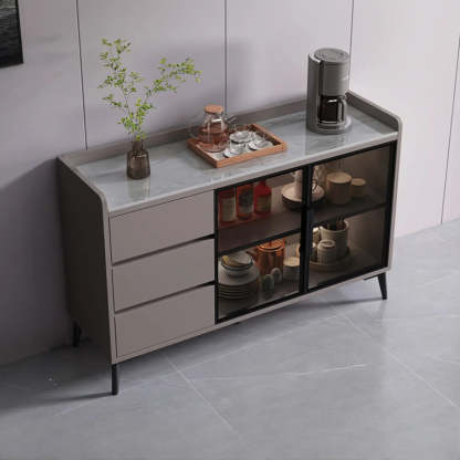 Rectangular Walnut Faux Marble Large Sideboard — Khaki/ White