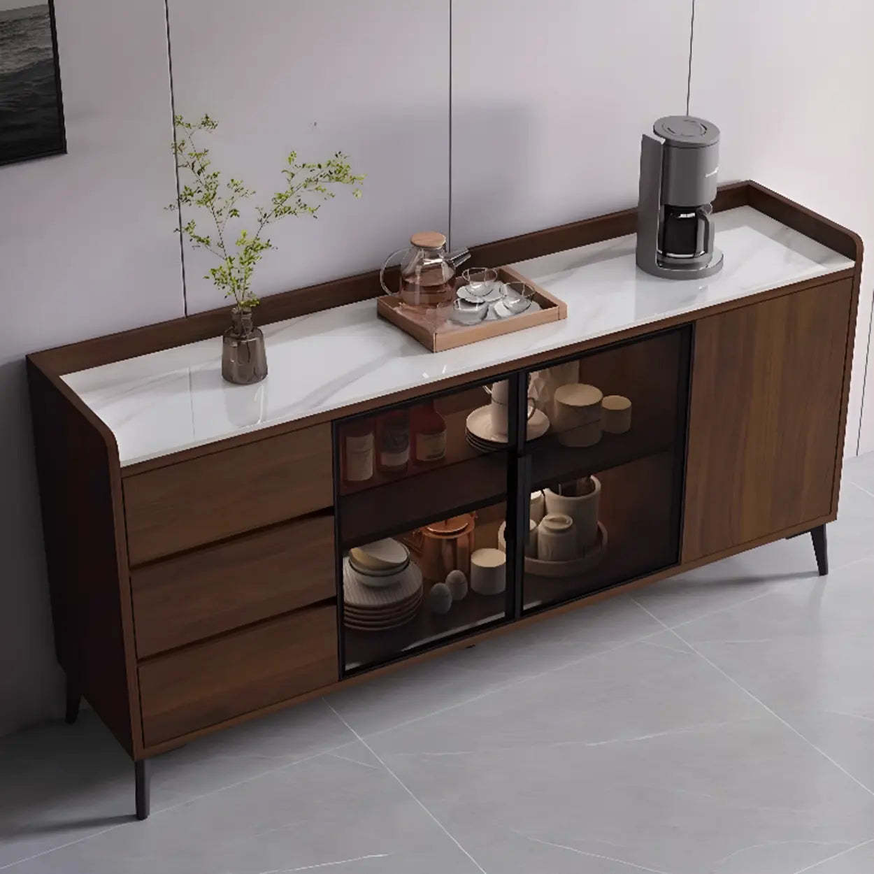 Rectangular Walnut Faux Marble Large Sideboard — Gray & White