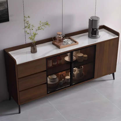 Rectangular Walnut Faux Marble Large Sideboard — Gray & White