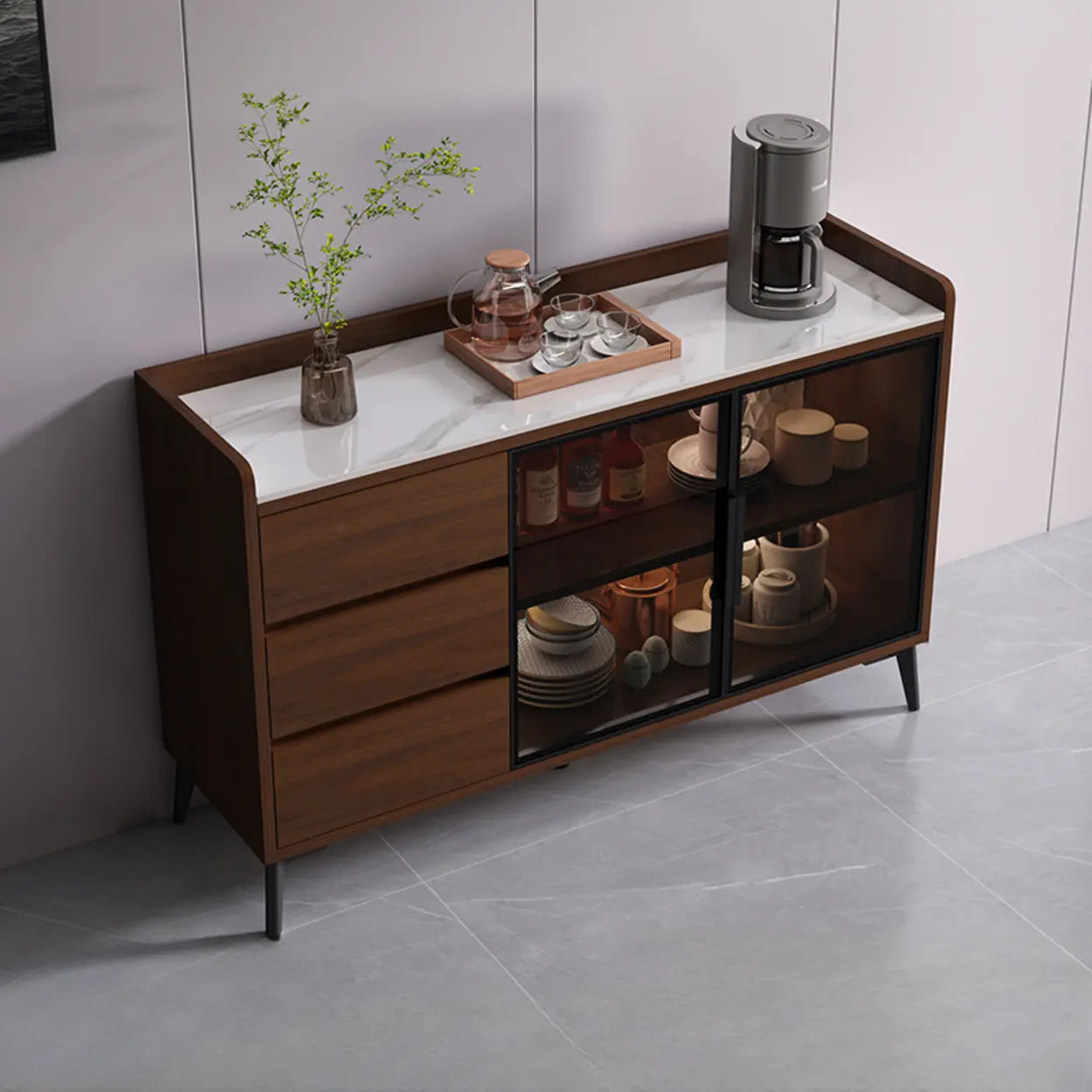 Rectangular Walnut Faux Marble Large Sideboard — Gray & White