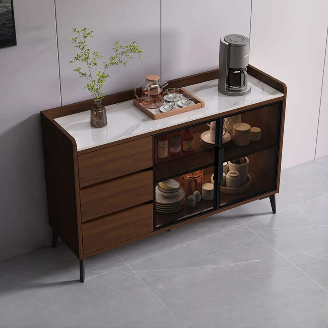 Rectangular Walnut Faux Marble Large Sideboard — Gray & White