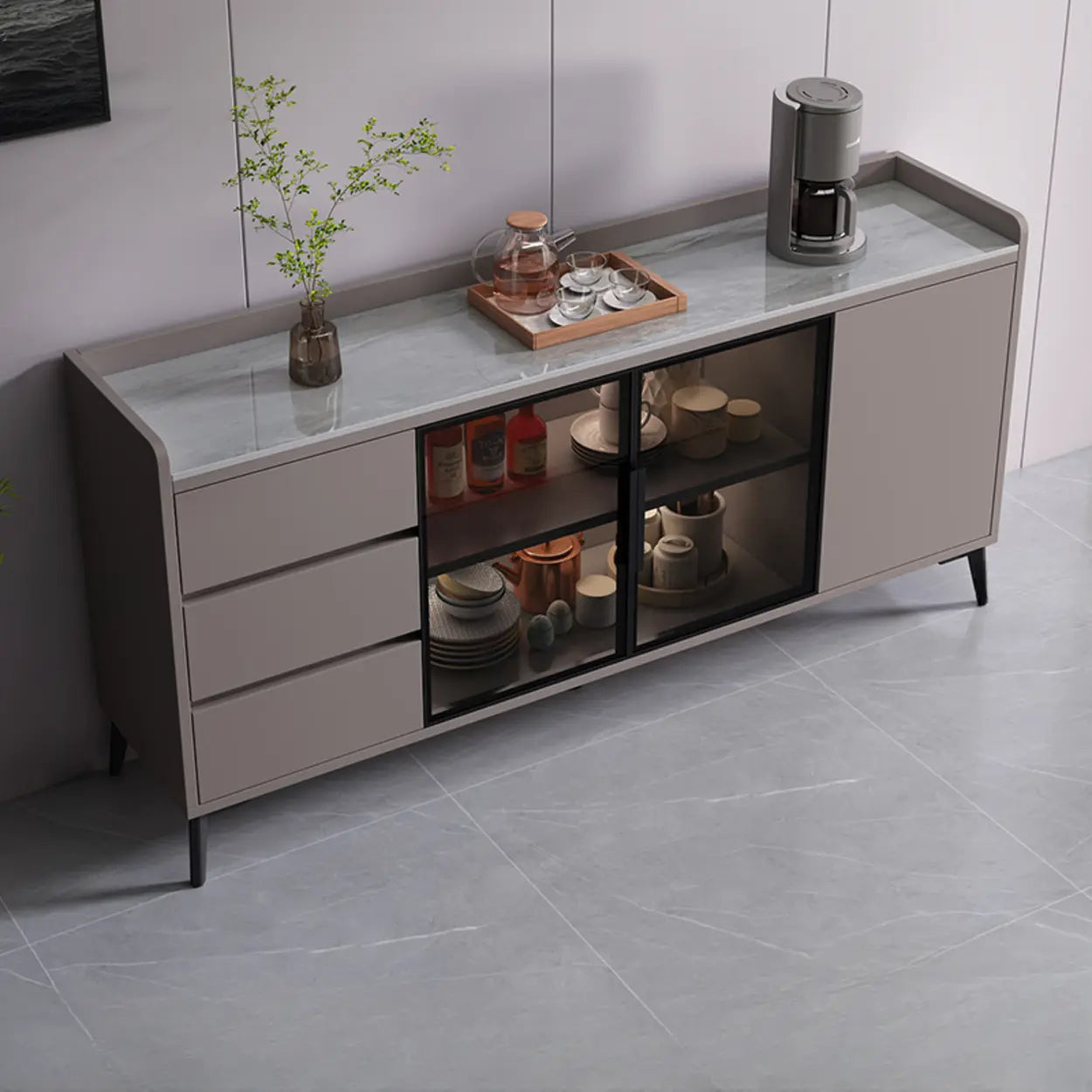 Rectangular Walnut Faux Marble Large Sideboard — Gray & White
