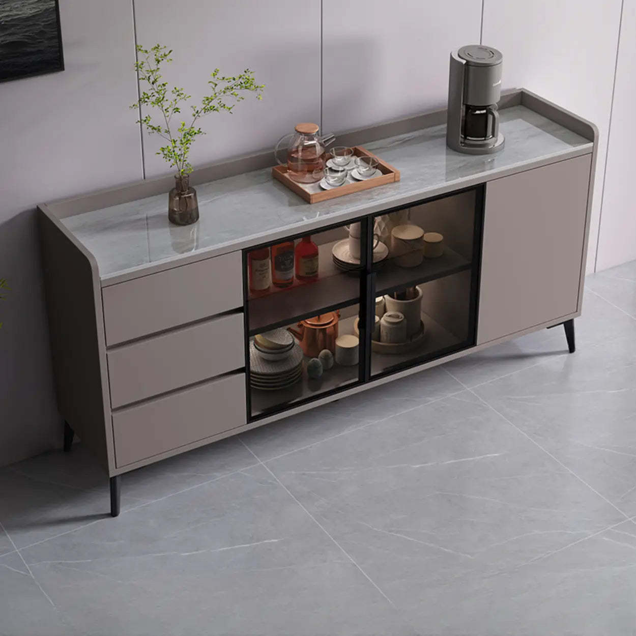 Rectangular Walnut Faux Marble Large Sideboard — Gray & White