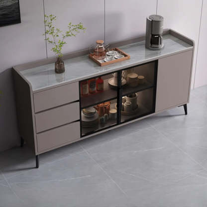 Rectangular Walnut Faux Marble Large Sideboard — Gray & White