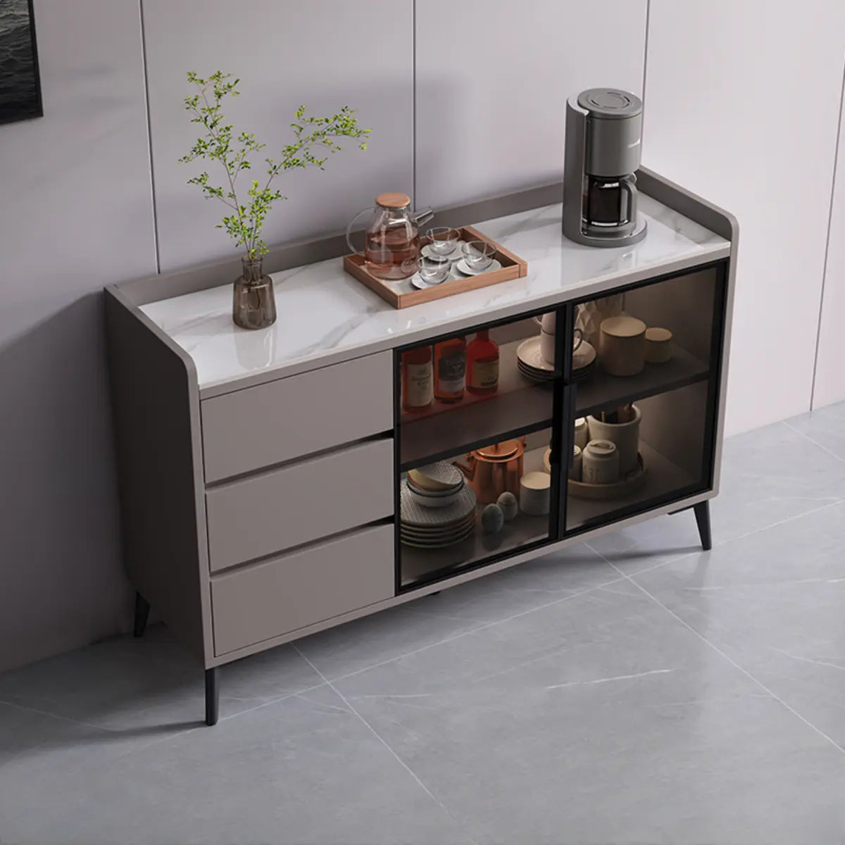 Rectangular Walnut Faux Marble Large Sideboard — Walnut/ Gray