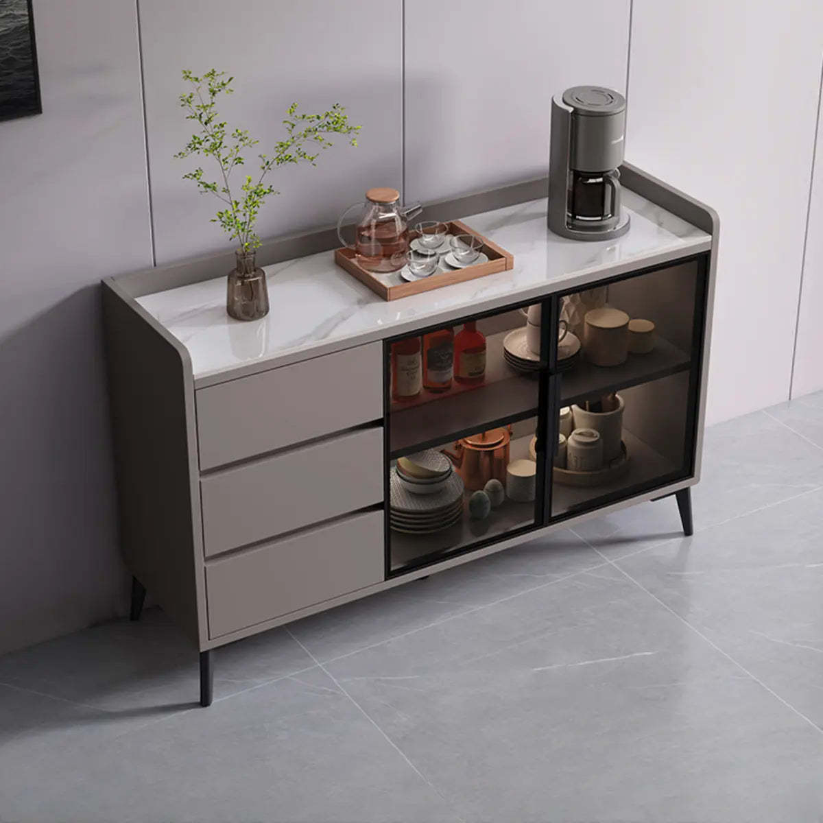 Rectangular Walnut Faux Marble Large Sideboard — Walnut/ Gray