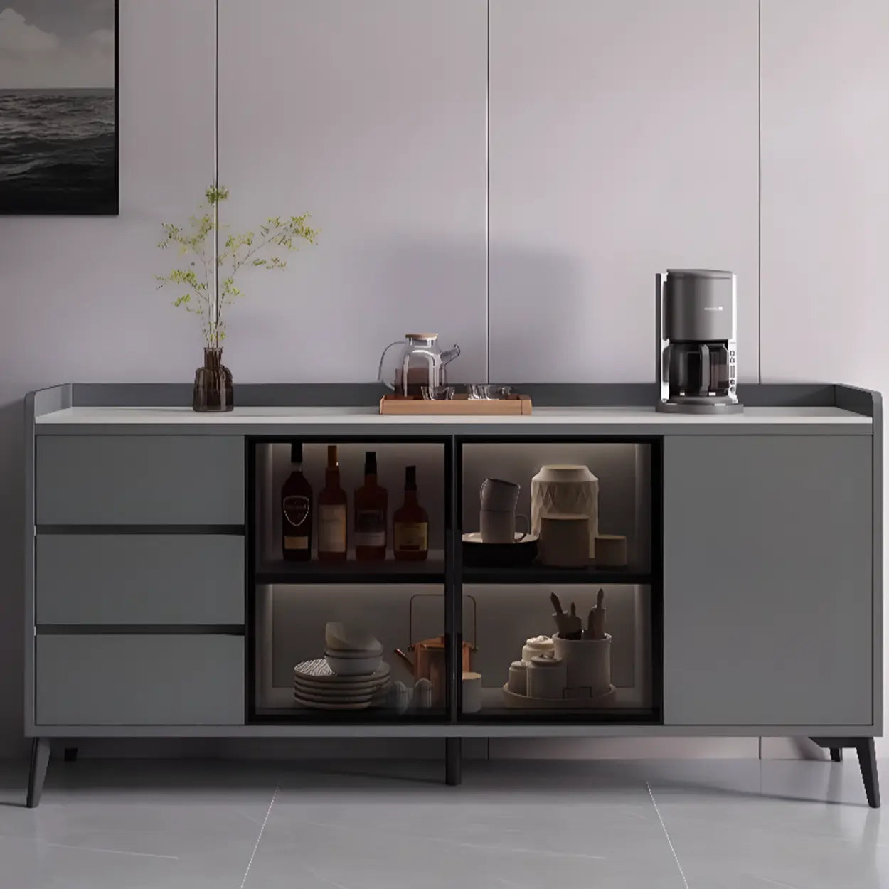 Rectangular Walnut Faux Marble Large Sideboard — Gray & White