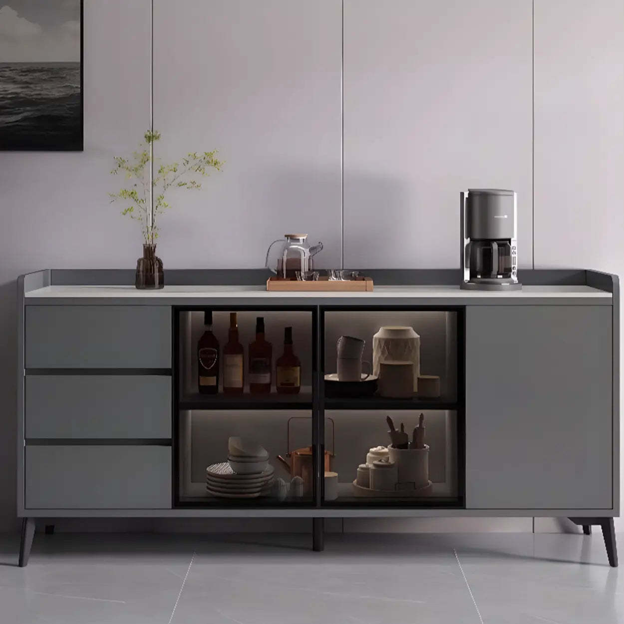 Rectangular Walnut Faux Marble Large Sideboard — Gray & White