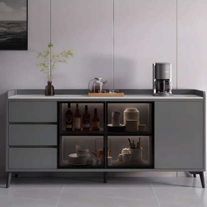 Rectangular Walnut Faux Marble Large Sideboard — Gray & White
