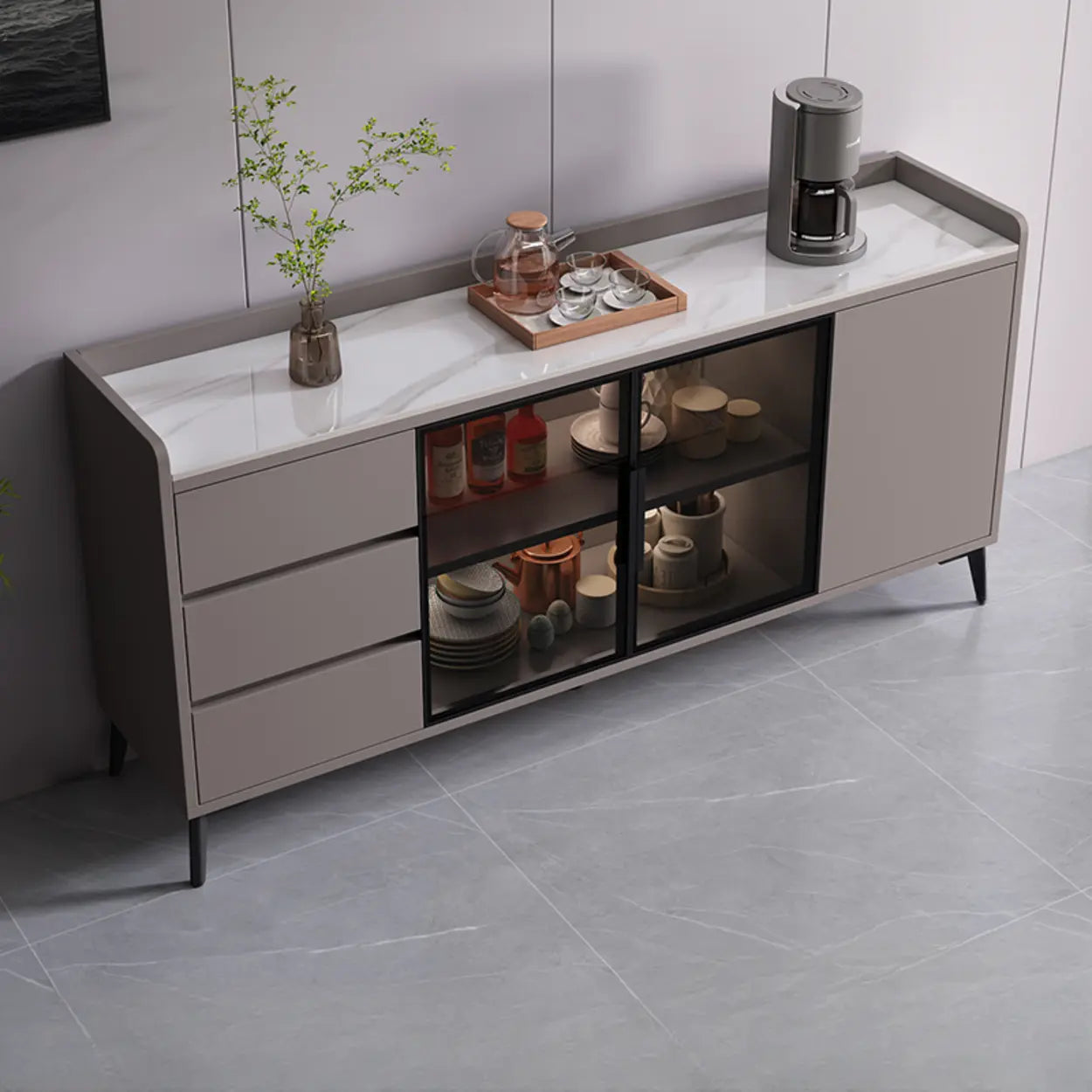 Rectangular Walnut Faux Marble Large Sideboard — Grey