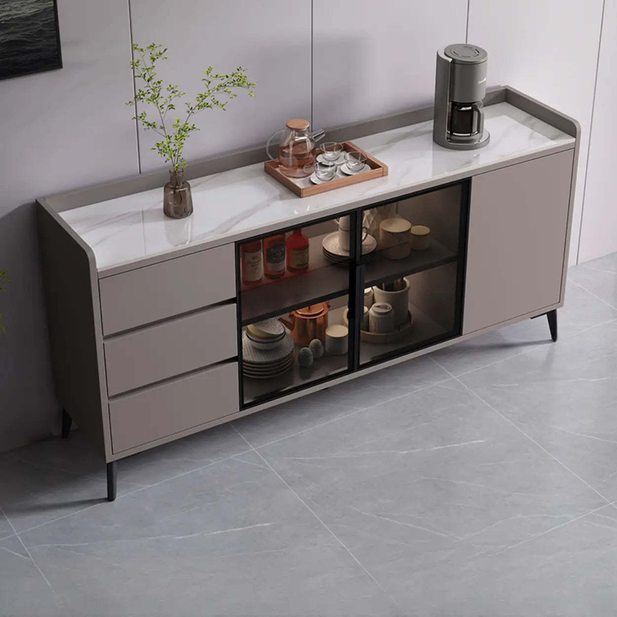 Rectangular Walnut Faux Marble Large Sideboard — Grey
