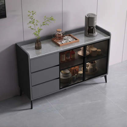 Rectangular Walnut Faux Marble Large Sideboard — Walnut/ Gray