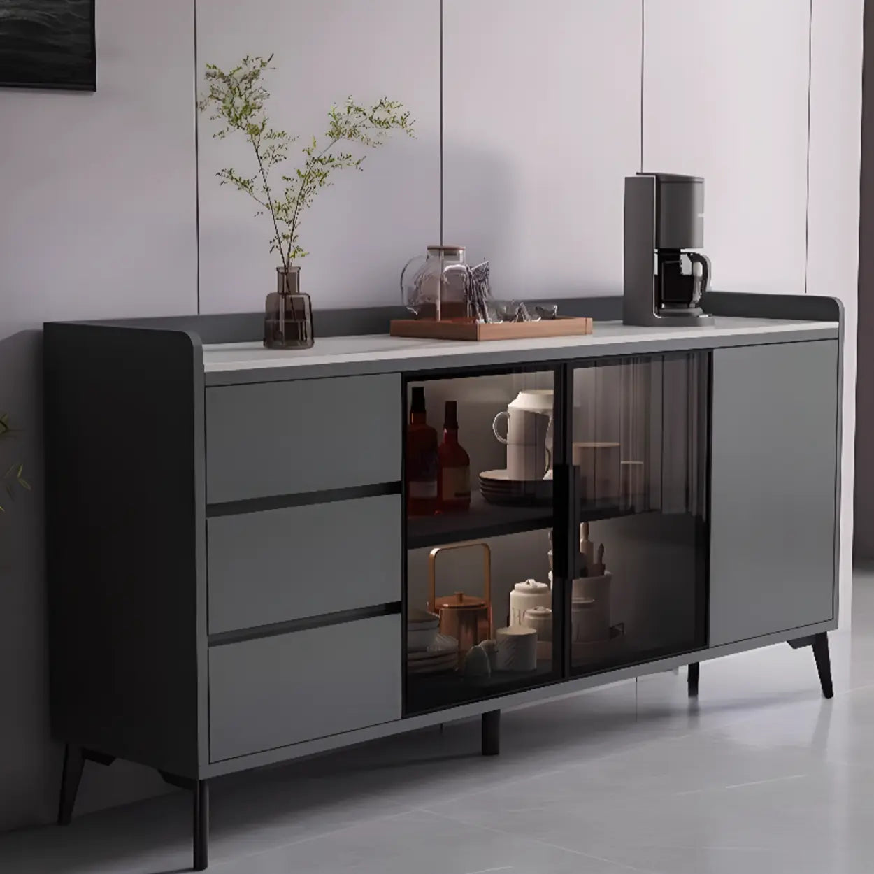 Rectangular Walnut Faux Marble Large Sideboard — Grey
