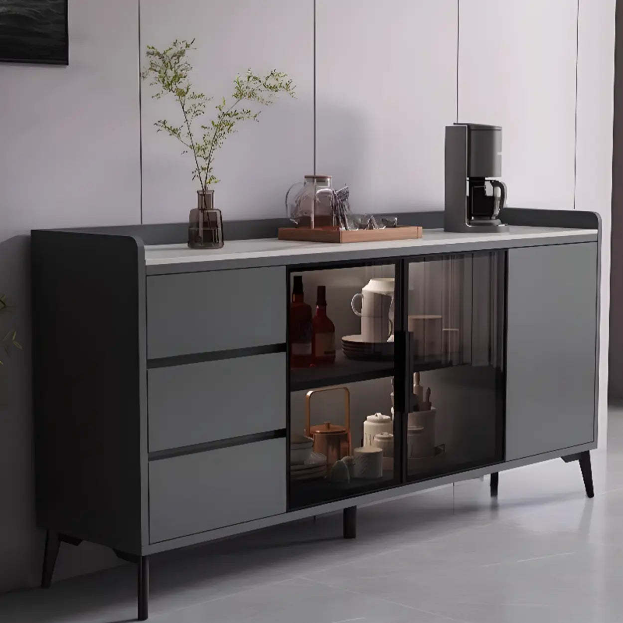 Rectangular Walnut Faux Marble Large Sideboard — Grey