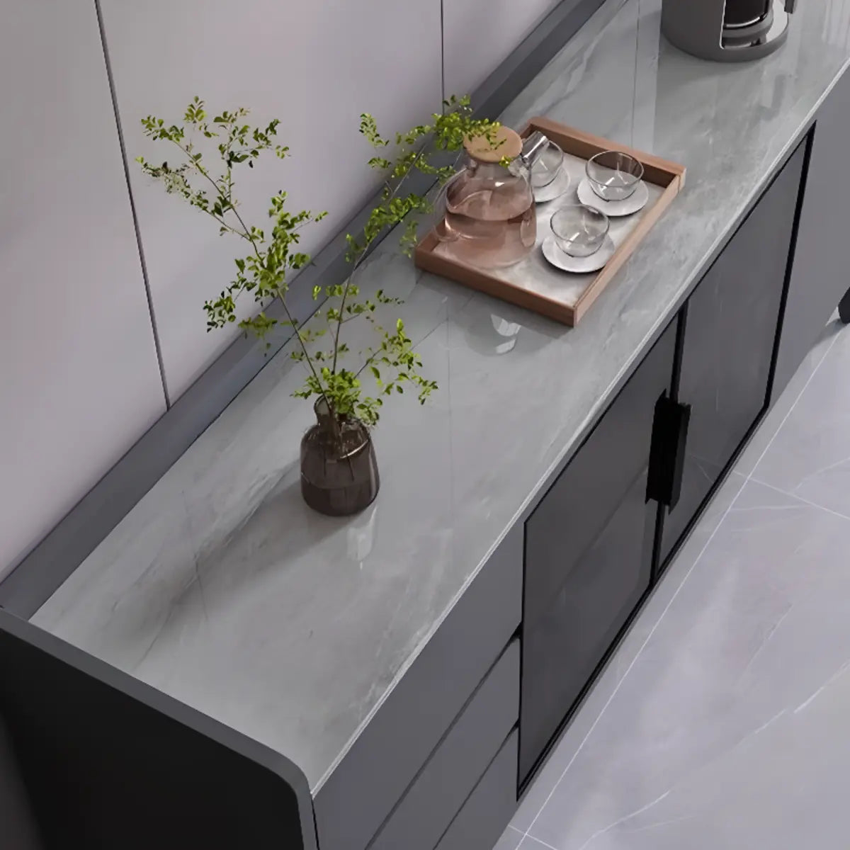 Rectangular Walnut Faux Marble Large Sideboard — Walnut/ Gray