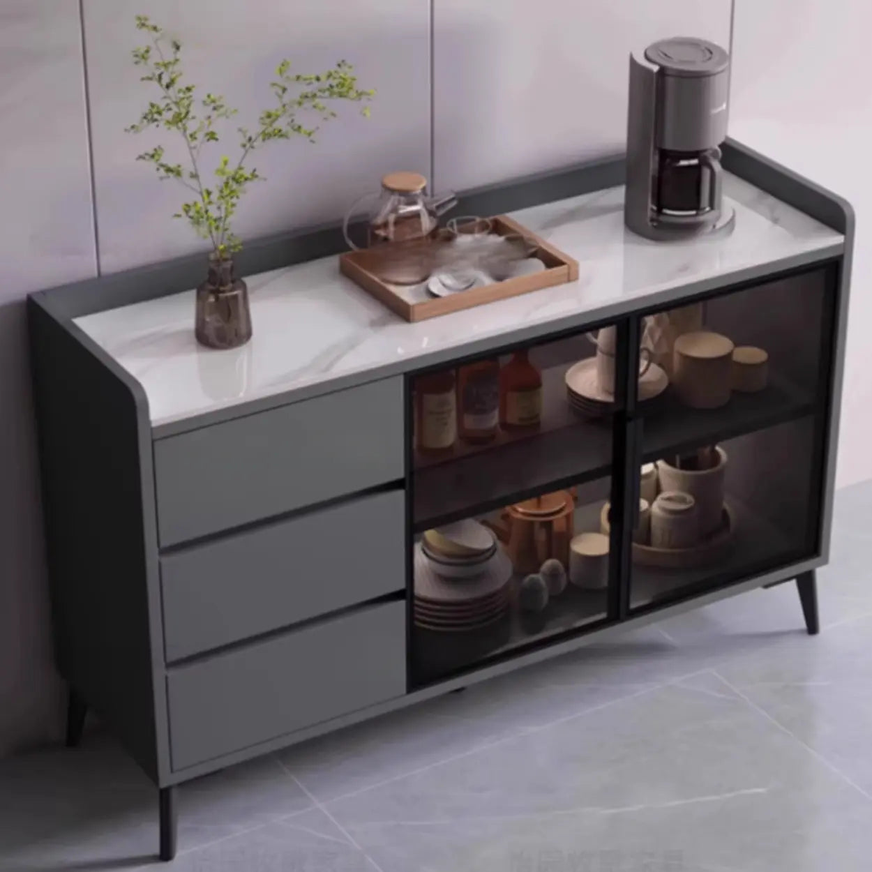 Rectangular Walnut Faux Marble Large Sideboard — Grey
