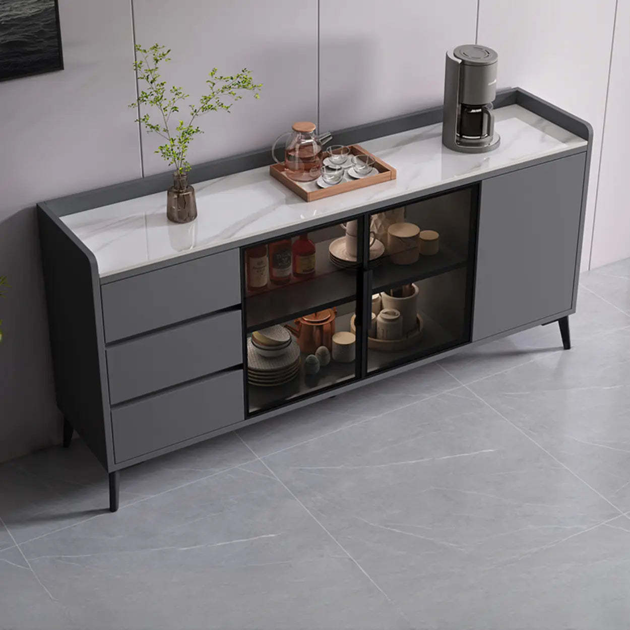 Rectangular Walnut Faux Marble Large Sideboard — Khaki/ Gray