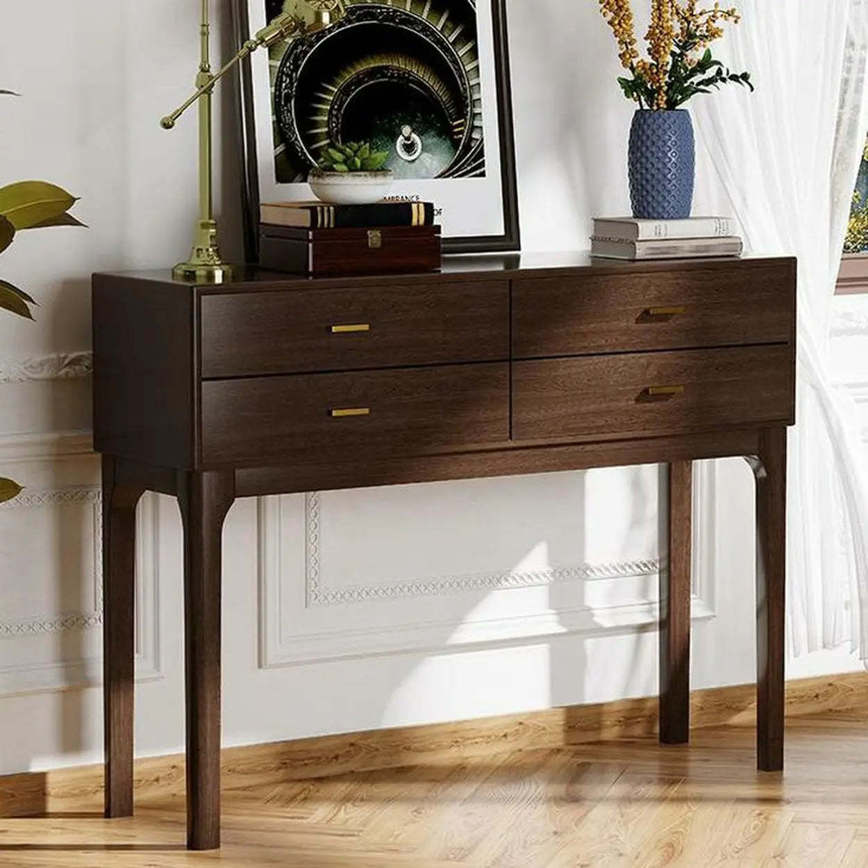 Rectangular Walnut Console Table with Drawers — Black