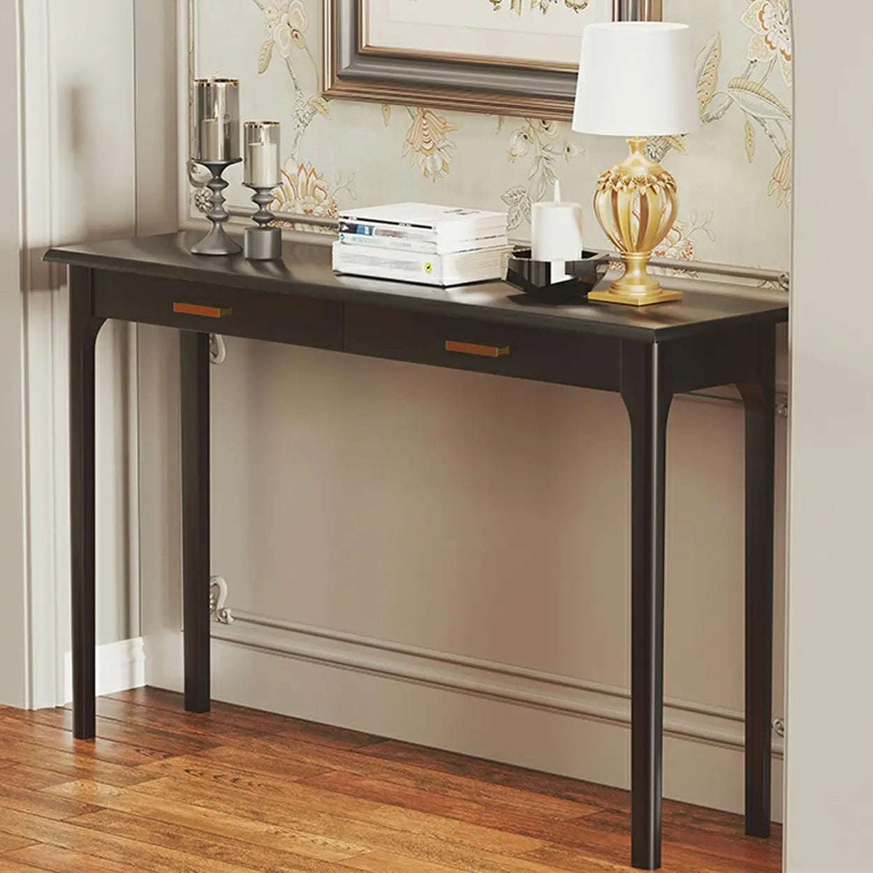 Rectangular Walnut Console Table with Drawers — Black
