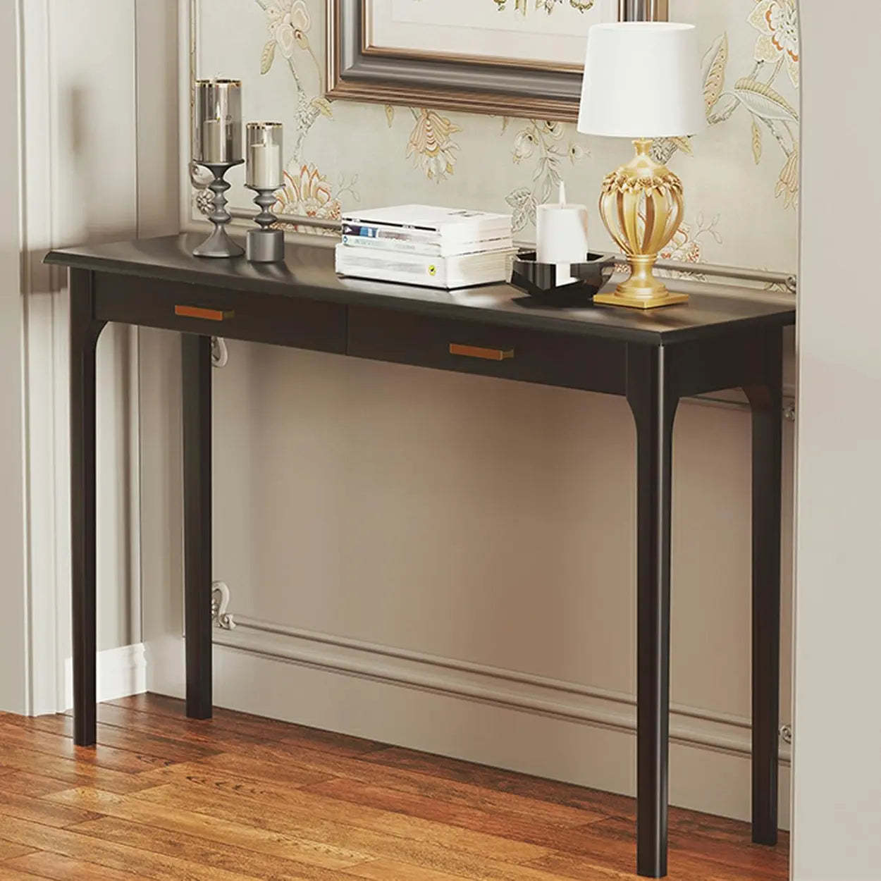 Rectangular Walnut Console Table with Drawers — Black