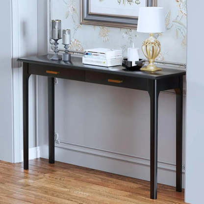 Rectangular Walnut Console Table with Drawers — Black
