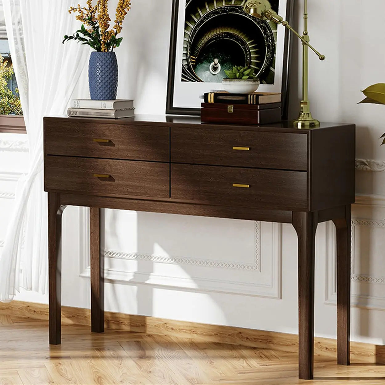 Rectangular Walnut Console Table with Drawers — Black