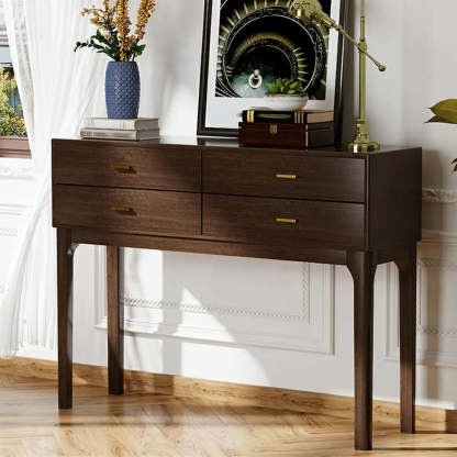 Rectangular Walnut Console Table with Drawers — Black
