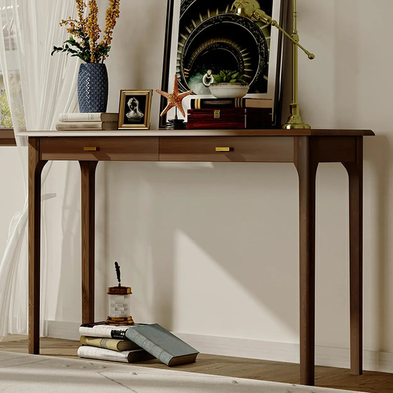 Rectangular Walnut Console Table with Drawers — Black