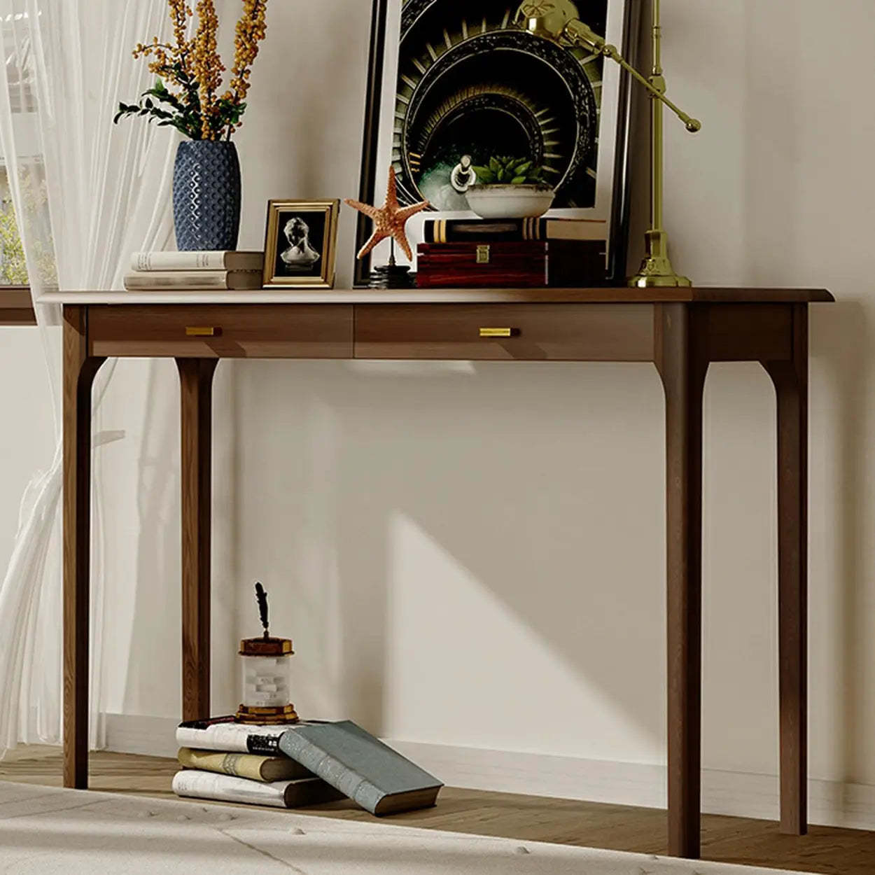 Rectangular Walnut Console Table with Drawers — Black