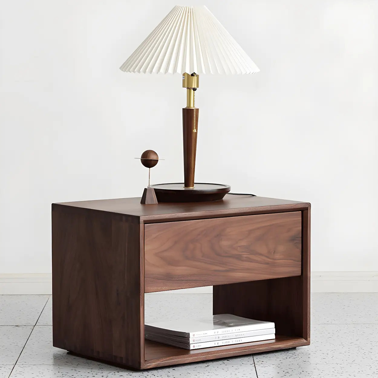 Rectangular Walnut Wood Open Nightstand — Natural Finish / 1 Piece