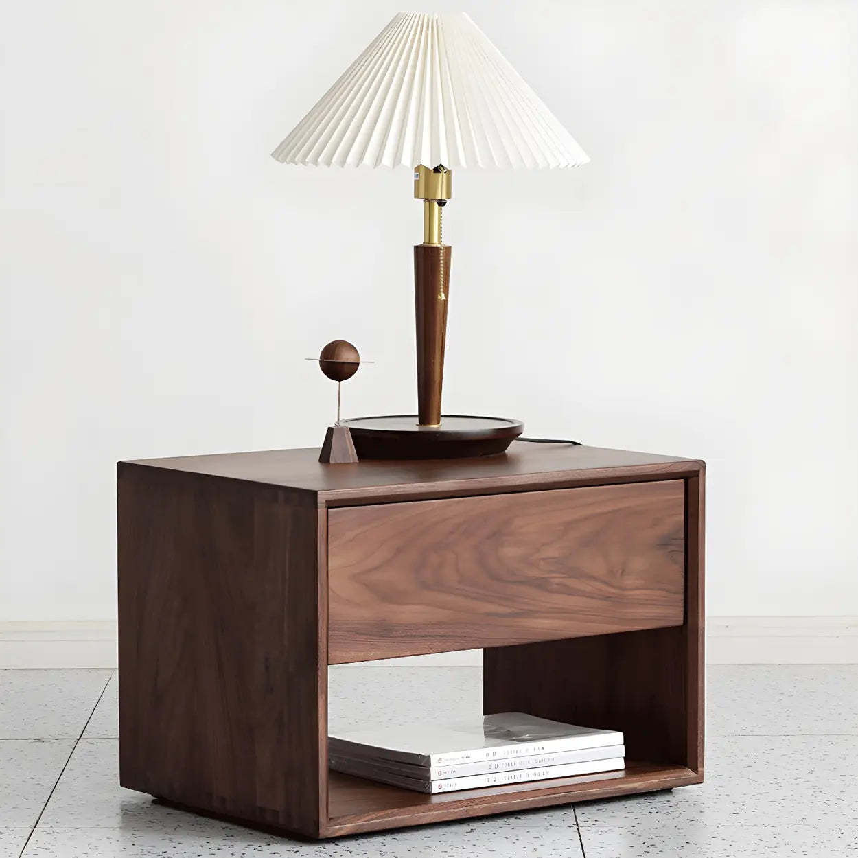 Rectangular Walnut Wood Open Nightstand — Natural Finish / 1 Piece