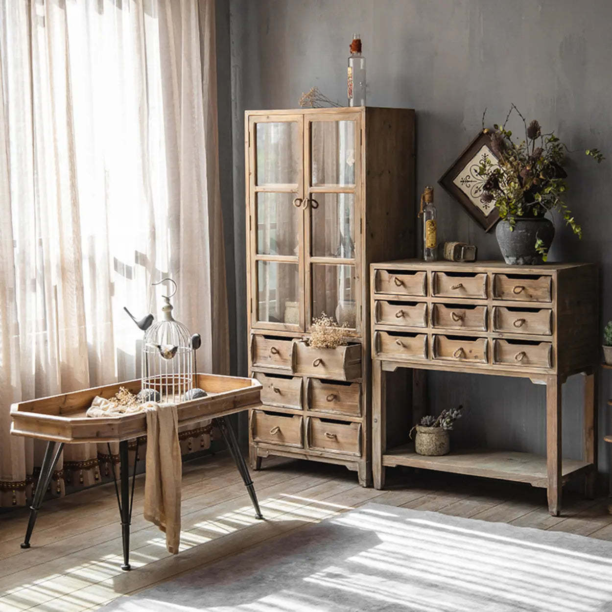 Rectangular Weathered Pine Storage Console Table