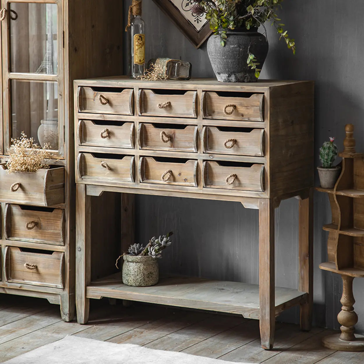 Rectangular Weathered Pine Storage Console Table