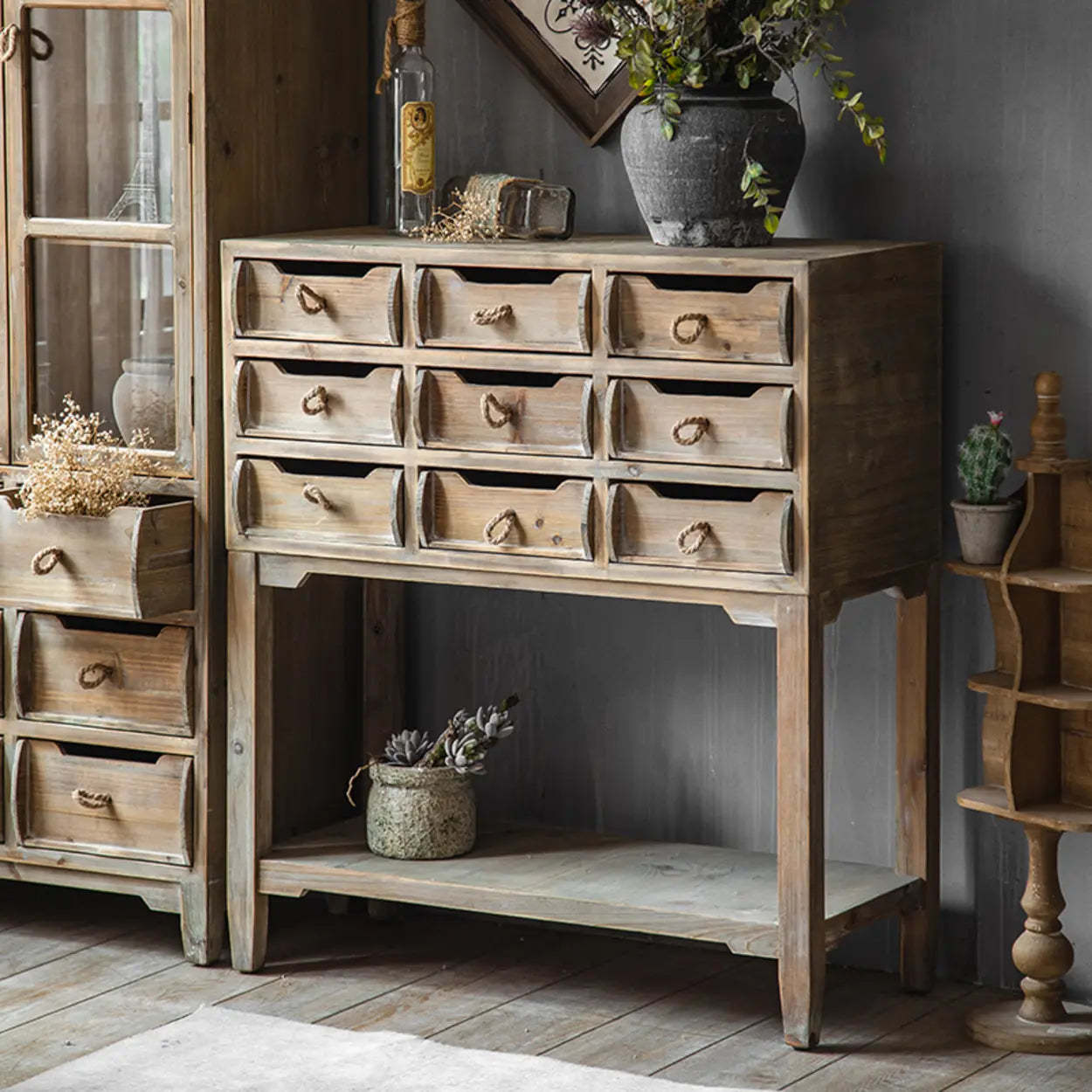 Rectangular Weathered Pine Storage Console Table