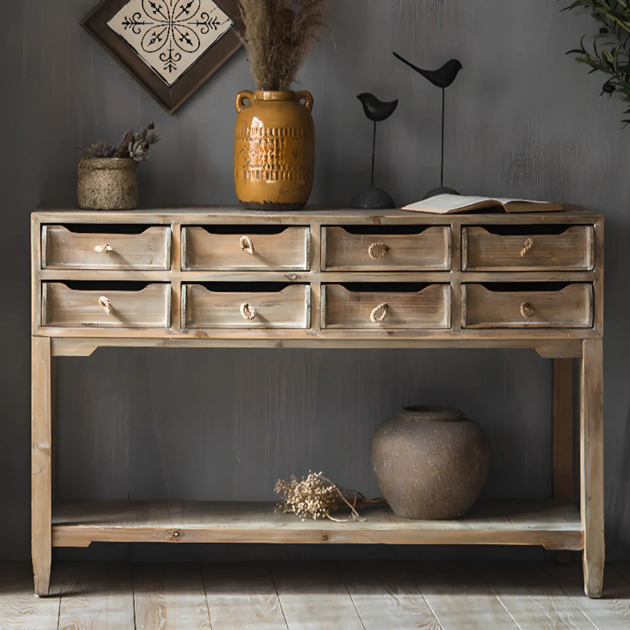 Rectangular Weathered Pine Storage Console Table